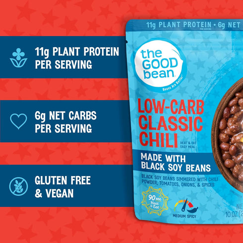 (4 Pack) 10 oz Simmered The Good Bean Heat and Eat Pouch - Low-Carb Classic Chili - Pouch - Black Soybeans with Chili
