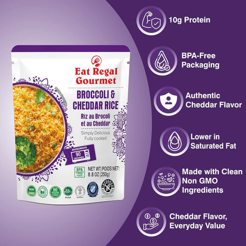 1.5 8.8 oz Pack 12 Eat Regal Broccoli & Cheddar Rice, Creamy & Cheesy, Always Fluffy, No Clump, Ready in Minutes