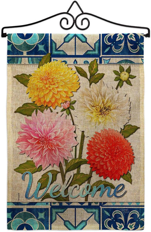 Breeze Decor Floral Dahlia Bouquet Burlap Garden Flag Set Wall Hanger Spring Sunflower Tulip