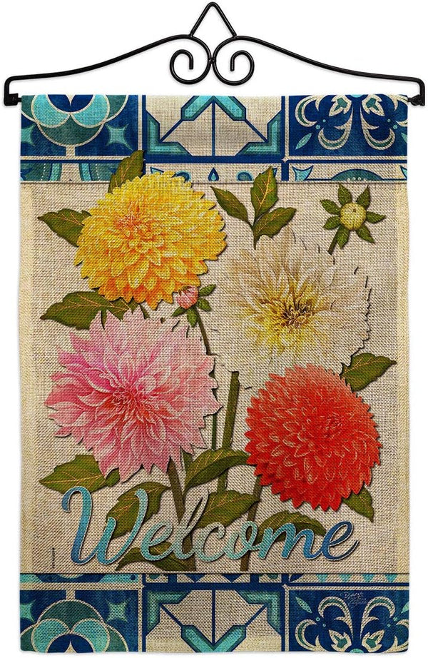 Breeze Decor Floral Dahlia Bouquet Burlap Garden Flag Set Wall Hanger Spring Sunflower Tulip