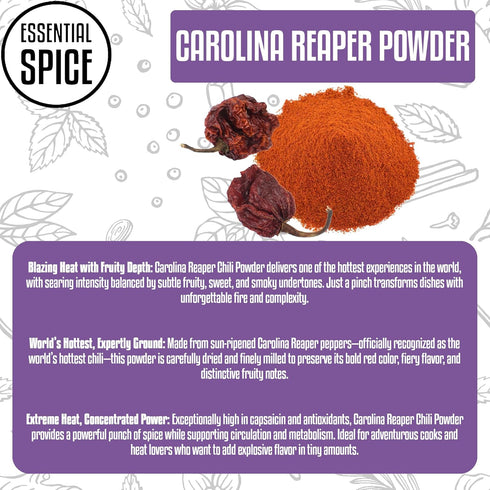 8 oz 100% Essential Spice Carolina Reaper Chili Powder, Extremely Hot Ground Pepper with Fruity, Smoky Flavor Made from