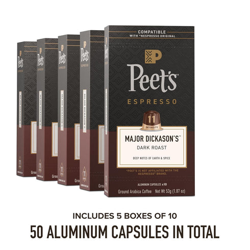 100% 11, 50 Count (5 10 Peet's Coffee, Dark Roast Espresso Capsules, Compatible with Nespresso Original Machines