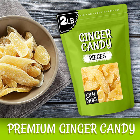2 lb Packed Oh! Nuts Ginger Candy - - Dried Fruit Slices - with Crystallized Sugar Candied Coating - Dehydrated Fruit