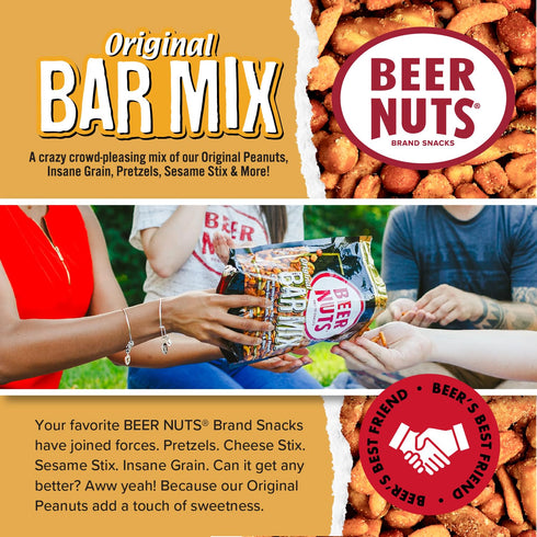 12oz (Pack 2) BEER NUTS Original Bar Mix - Pretzels, Cheese Stix, Sesame Stix, Insane Grain - Resealable Jar