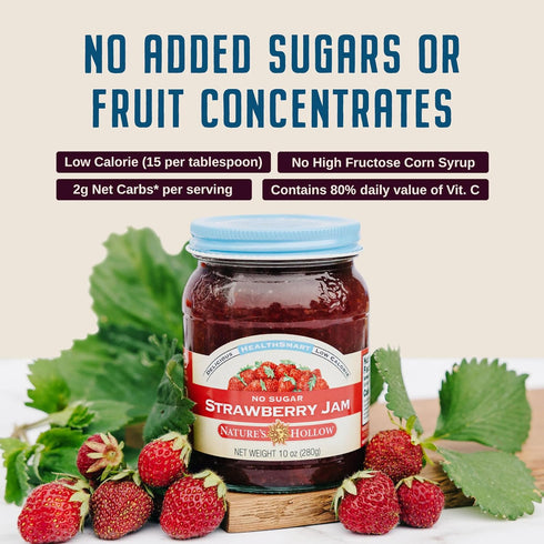 10oz Pack 2 Nature's Hollow Strawberry Jam: Sugar Free Jam and Preserves, Low Cal, Non GMO, Keto Jam, Vegan, Gluten