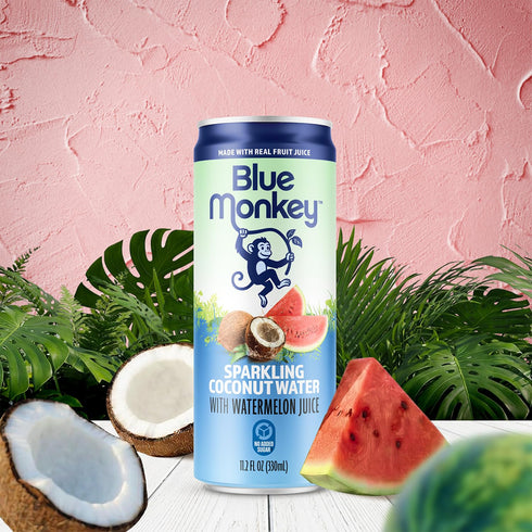 99.7% 11.2oz (330ml) 12-Pack Blue Monkey Sparkling Coconut Water with Watermelon - Coconut Water & Juice Blend - No