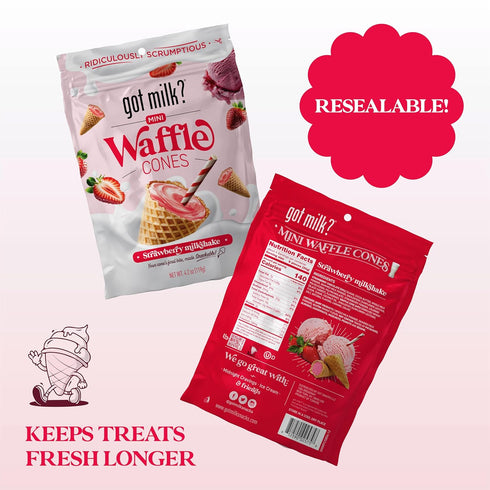4.24 Oz. Pack got milk? Mini Waffle Cones, Strawberry Milkshake, Resealable Bag, Delicious White Chocolate Filled Cocoa