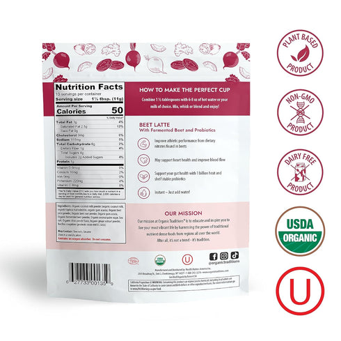 Organic Traditions Beet Latte, Instant Dairy Free Superfood Latte with Fermented Beetroot, 150g/5.3oz Bag