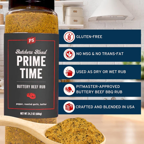 24.2oz PS Seasoning Prime Time Butchers Blend - Buttery Garlic and Herb BBQ Seasoning & Beef Rub for Smoking, Grilling