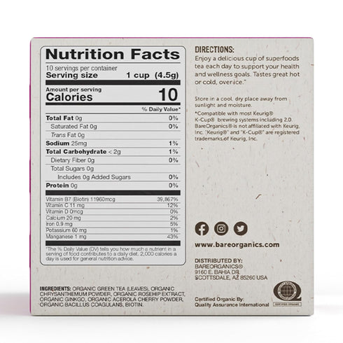 BareOrganics Radiant Tea Pods with Superfoods & Probiotics, USDA Organic, Vegan, Non-GMO, 10ct