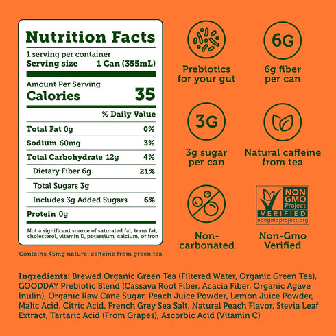 6g 3g 35 12 oz (12 pack) HALFDAY Prebiotic Peach Iced Tea Cans, Supports Digestive & Gut Health, Plant Fiber