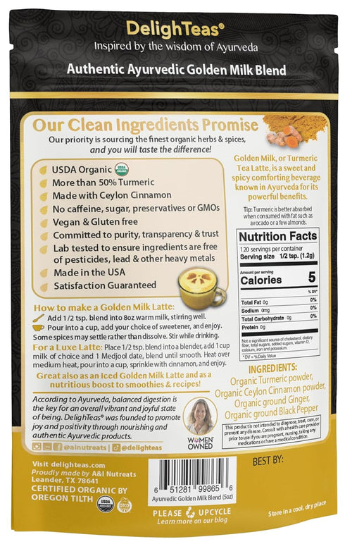 120 5 oz. DelighTeas Organic Golden Milk Powder with Turmeric, Ginger, Ceylon Cinnamon | Ayurvedic Spices for Golden