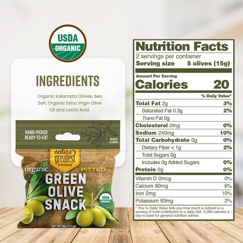 1.1 Oz (Pack 24) Organic Green Pitted Olive Snack by Natures Greatest Foods Ready to Eat, Freshly Seasoned, Low Calorie