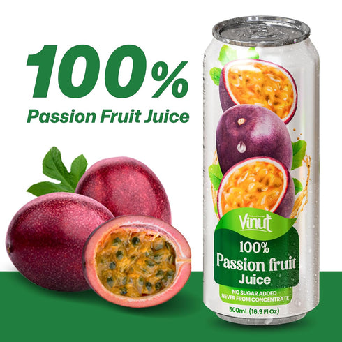 100% 16.9 oz (500 mL) Pack 12 VINUT Passion Fruit Juice, No Added Sugar, Not From Concentrate, fl Can