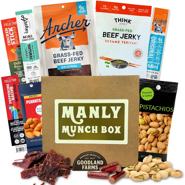 Manly Munch Box Jerky Gift Box, Curated Assortment of High Protein Snacks,