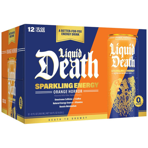 100mg, 12 Oz (Pack 12) Liquid Death Sparkling Energy - Orange Horror (Orange and Cream), Zero Sugar Energy Drink