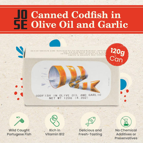 3, 125g Codfish in Olive Oil and Garlic by Jose Gourmet, Wild Caught Portuguese Codfish, Canned Cod in Olive Oil, Omega