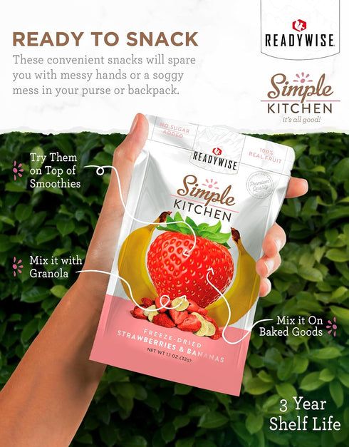 Pack 1, READYWISE - Simple Kitchen, Freeze-Dried Strawberries & Bananas, of Vegetarian, Gluten Free, Snacks