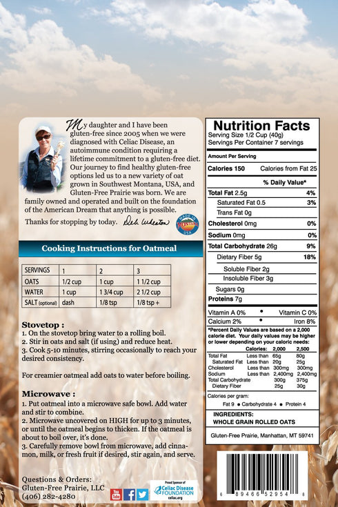 3 Gluten-Free Prairie Oatmeal, Certified Gluten Free Purity Protocol, Non-GMO, Vegan, Pounds