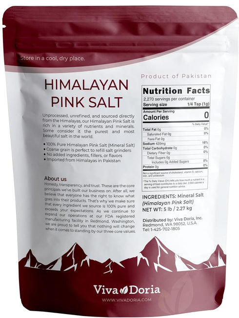 5 lb. (2.27 Viva Doria Himalayan Pink Salt, Coarse Grain, Certified Authentic, Kg) For Grinder Refills