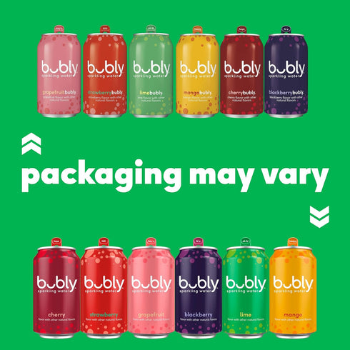 6 Pack 12 Oz (Pack 18) bubly Sparkling Water, Flavor Variety (Blackberry, Lime, Cherry, Grapefruit, Strawberry, Mango)