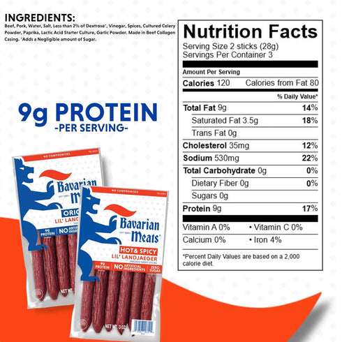 3 (Pack 6) Bavarian Meats Lil' Landjaeger Meat Sticks, Smoked Sausage Protein Snacks, Zero Sugar, Great Source