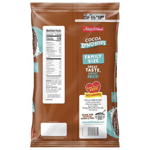 25 OZ Malt-O-Meal Cocoa Dyno Bites Gluten Free Breakfast Cereal, Crispy Rice Puffs for Family, Resealable Bag