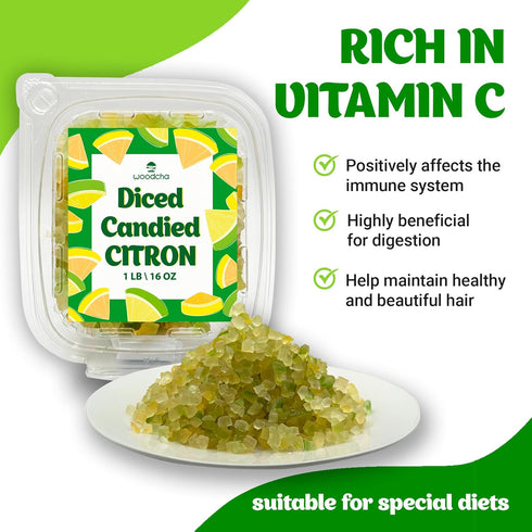 16oz Diced Candied Citron, Glazed Citron Peel For Baking, Candied Fruit or Fruitcake, Fruit Snacks, No GMO, Vegan
