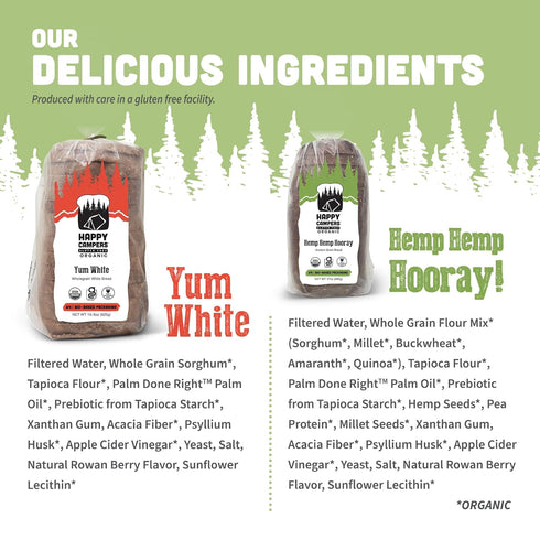 Pack 17.4 Oz (Pack 4) Happy Campers Variety Gluten Free Bread, Yum White and Hemp Multi-Seed, Non-GMO, Vegan, Organic