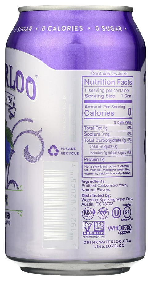 12 Oz Waterloo Sparkling Water Waterloo Grape Sparkling Water, Fl