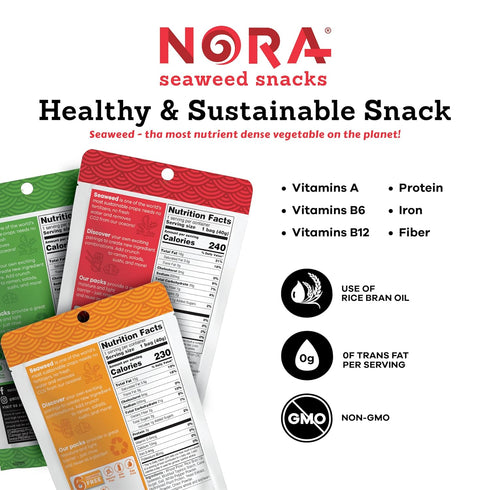 Pack 6-Pack Crispy Seaweed Snacks by Nora | Asian Snacks | Taster's Variety | Low-Sugar, Vegan, Non-GMO Verified |