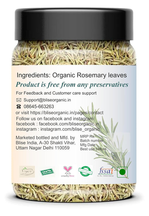 100% 100 grams/3.5 Oz Blise organic Rosemary dried leaves - Organic and Natural, free from Amonium, | Natural sundried