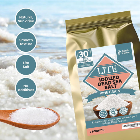 30% (2 lbs) Pacific Pelican Less Sodium Iodized Dead Sea Lite Salt - Fine Grain | Unrefined Kosher, Natural Iodized