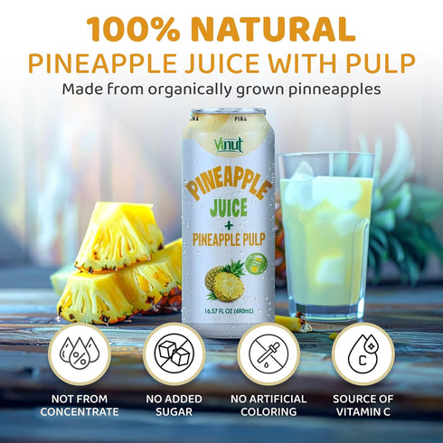 (16.57 oz, Pack 12) Vinut Natural Pineapple Juice Drink with Pulp, fl of Real Pineapple Juice, No Sugar Added, Gluten