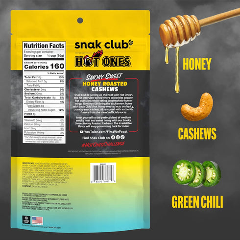 6 oz Snak Club x Hot Ones Honey Roasted Cashews, Smoky Sweet, Spicy Nuts, Inspired by Hot Ones, Vegan Snack, Resealable