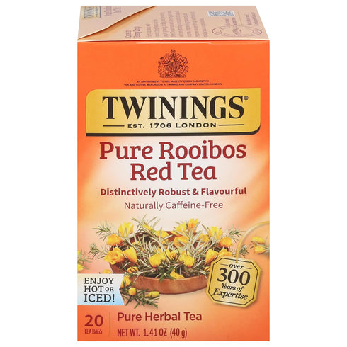 Twinings Pure Rooibos Red Herbal Tea, 20 Count Individually Wrapped Bags, Naturally Caffeine-Free, Enjoy Hot or Iced