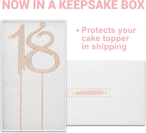 18 Cake Topper - Premium Rose Gold Metal, 18th Birthday Party Sparkly Rhinestone Decoration, Protected in a Box