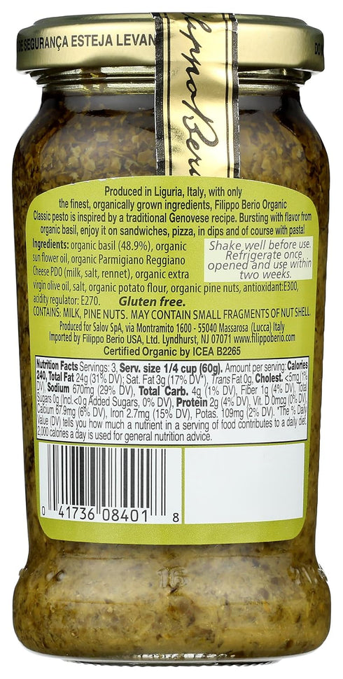 6.7 (Pack 6) Filippo Berio Organic Classic Pesto, USDA Certified Organic, Gluten Free, Ounce