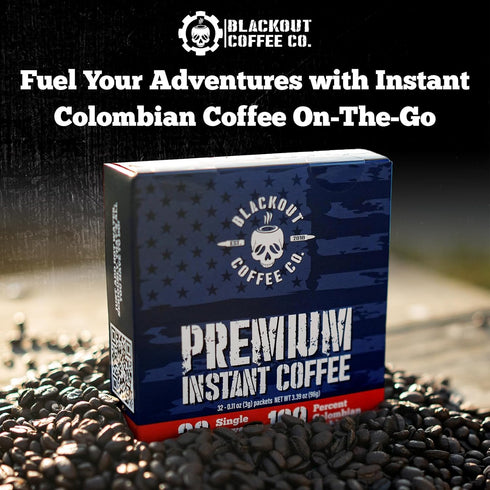 Packets 32 Count. Blackout Coffee Colombian Arabica Instant Coffee Medium Roast, Strong Aromatic, Single Serve Premium
