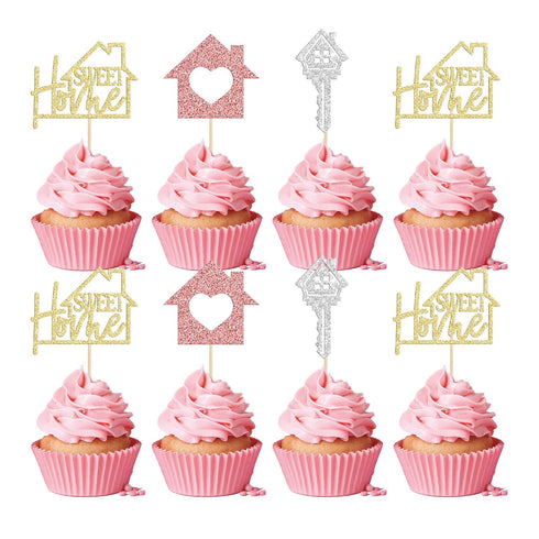 Gyufise 24 Pack Sweet Home Cupcake Toppers Glitter key Housewarming Cupcake Picks