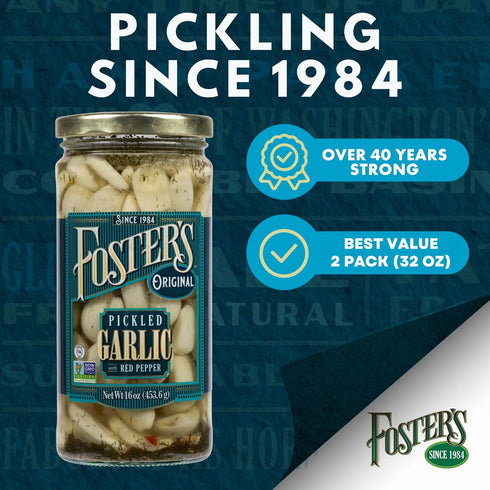16oz, 2 Pack, 40 Foster's Pickled Garlic Cloves in a Jar, Original, Traditional Pickled Vegetables Recipe for over