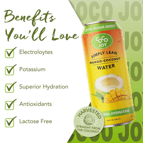 12 pack CoCo Joy Lean Mango Coconut Water, Zero Sugar Added, Low-Carb, High-Calcium, Nutrient-Rich Drink