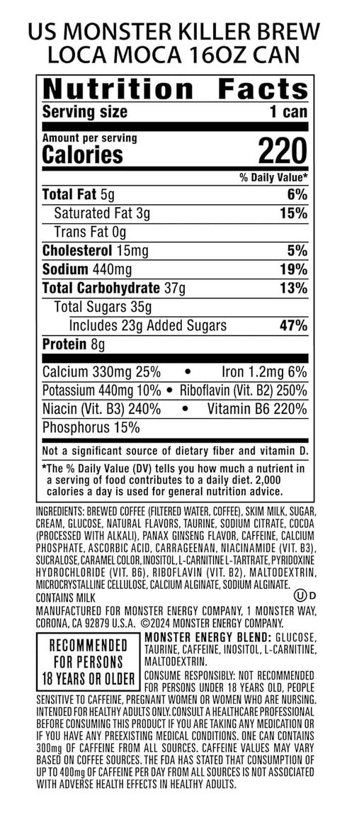 15 Oz Pack 12 Monster Energy Killer Brew Loca Moca, Fl |