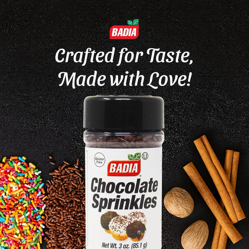 3 oz Badia Chocolate Sprinkles, - Sweet Crunchy Dessert Topping for Cakes, Cookies, Cupcakes, Donuts, Ice Cream