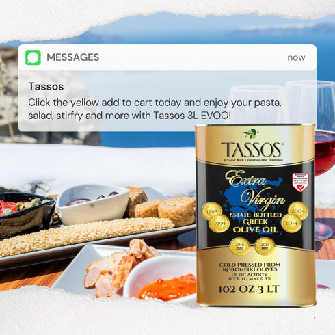 Tassos 3 Extra Virgin Olive Oil ( Cold Pressed Koroneiki Olives ) Ltr Tin