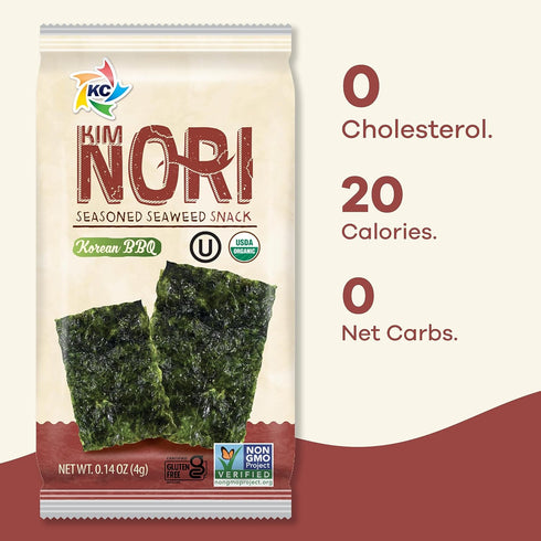 KIMNORI Organic Seasoned Seaweed Snacks, Korean BBQ Flavor, 24 Individual Packs, 100% Natural Laver