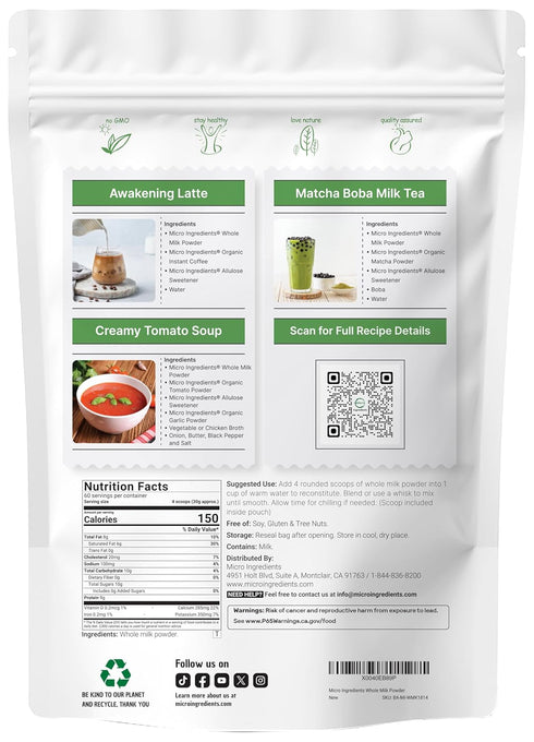4 lb Micro Ingredients Whole Milk Powder, | Pasture-Raised, rBST-Free | Pure & Rich in Protein | Ideal for Baking