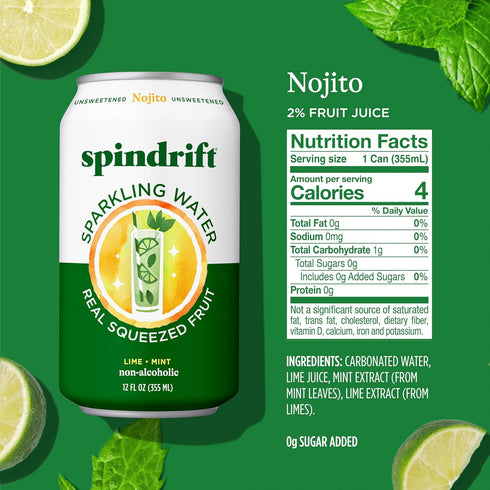 12 Oz Pack 24 4 Spindrift Sparkling Water, Nojito Flavored, Made with Real Squeezed Fruit, Fl Cans, of (Only Calories