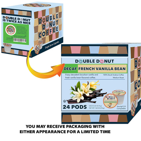 24 Count Double Donut Decaf French Vanilla Coffee Pods, Medium Roast Single Serve French Vanilla Bean Decaf Flavored
