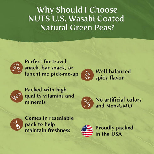 100% Packed (1 LB) NUTS U.S. - Wasabi Coated Natural Green Peas | Natural | Crunchy & Spicy | No Artificial Color